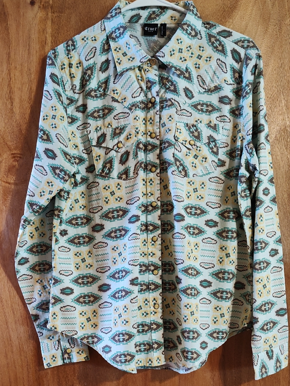 Cruel Denim Womens Western Shirt Aqua Yellow Pearl Snap Cowgirl Rodeo SW Aztec L